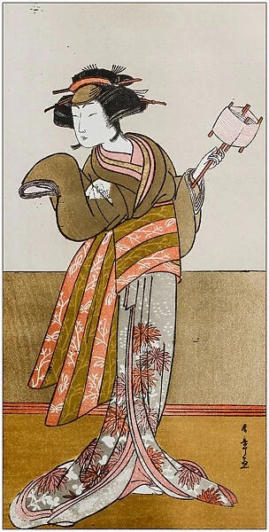 Antique Japanese Illustration: Actor in the principal female part of the play Udamaki by Katsugawa Shunsho
