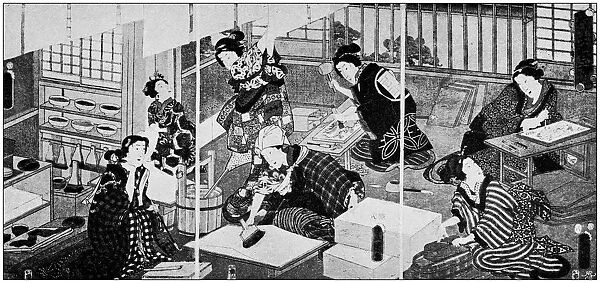 Antique Japanese Illustration: Colour printing process by Kunisada