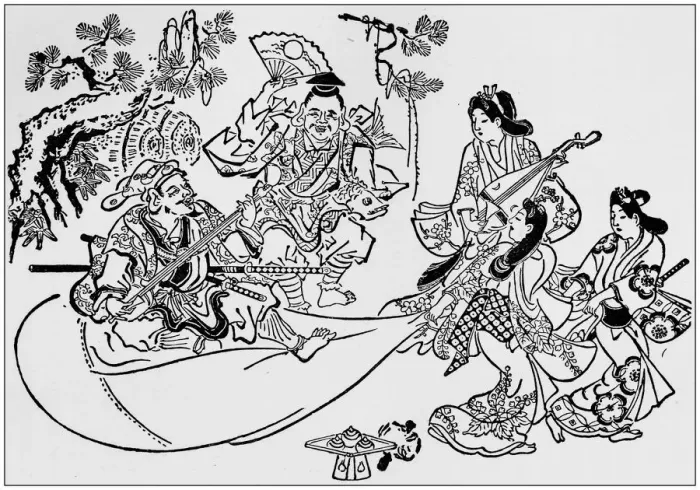 Framed Print : Antique Japanese Illustration: Divinities Daikoku and Ebisu by Hishikawa Moronobu (1680) Framed Print : Antique Japanese Illustration: Divinities Daikoku and Ebisu by Hishikawa Moronobu (1680)