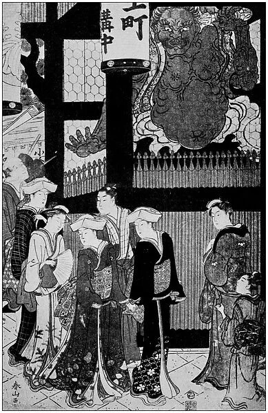 Antique Japanese Illustration: Gate of the temple of Asakusa by Shunzan