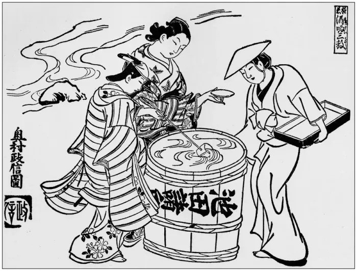 Framed Print : Antique Japanese Illustration: The Three Saki Tasters by Okumura Masanobu (1710) Framed Print : Antique Japanese Illustration: The Three Saki Tasters by Okumura Masanobu (1710)