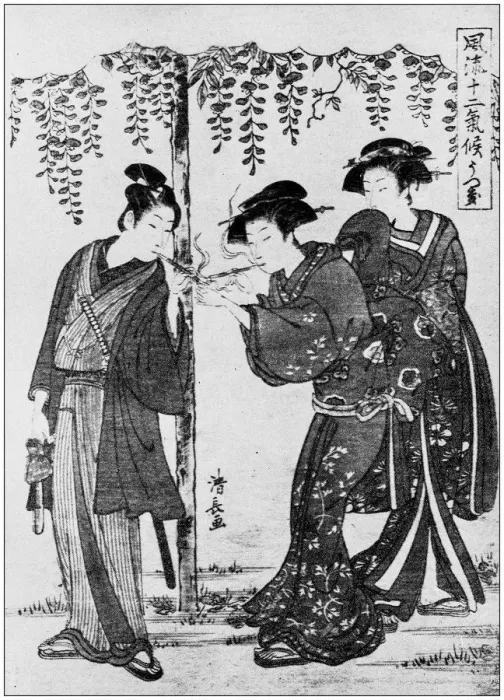 Framed Print : Antique Japanese Illustration: A samurai and two women by Torii Kiyonaga Framed Print : Antique Japanese Illustration: A samurai and two women by Torii Kiyonaga