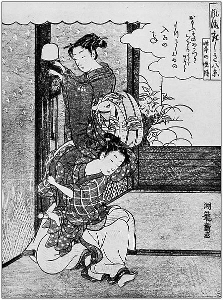 Antique Japanese Illustration: Winding a clock by Koriusai