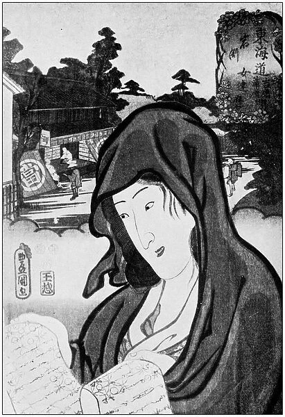 Antique Japanese Illustration: Woman in costume of Daruma by Kunisada