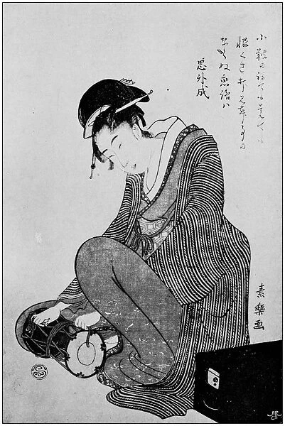 Antique Japanese Illustration: Woman with small drum by Soraku