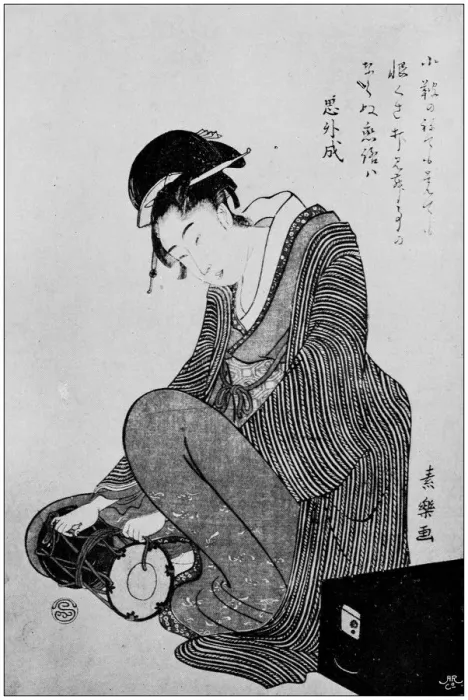 Framed Print : Antique Japanese Illustration: Woman with small drum by Soraku Framed Print : Antique Japanese Illustration: Woman with small drum by Soraku