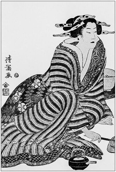 Antique Japanese Illustration: Woman by Torii Kiyomitsu