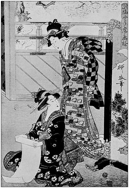 Antique Japanese Illustration: Women reading by Ryokuko