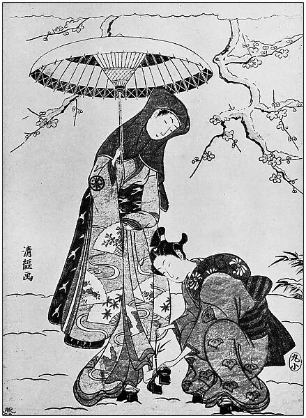 Antique Japanese Illustration: Two women in winter by Torii Kiyotsune