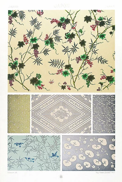 Antique Japanese pattern Manuscripts Decoration by Racinet - Lithograph