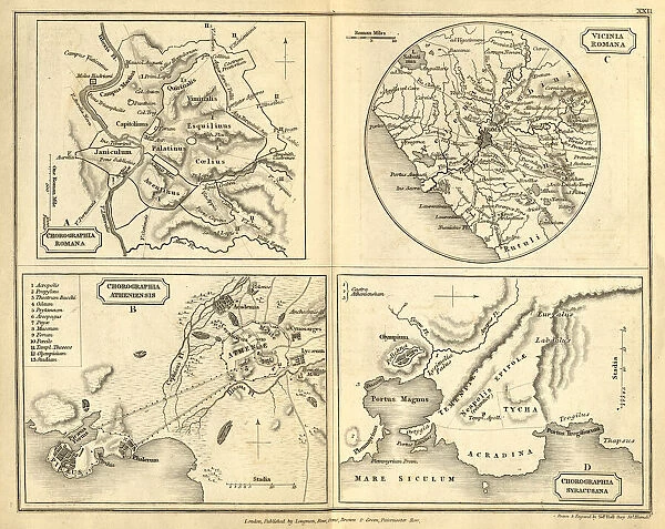 Antique map of Ancient cities of Rome, Athens, Syracuse