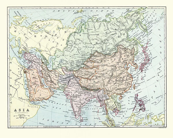 Antique map of Asia, 1884, 19th Century