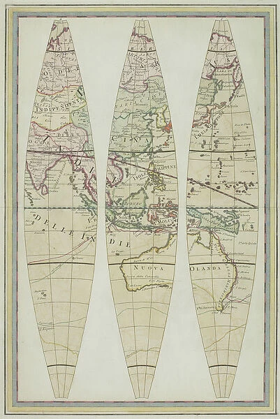 Antique map of Asia and Australia divided into three sections