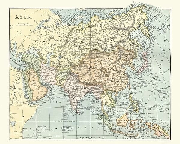 Antique map of asia in late 19th Century
