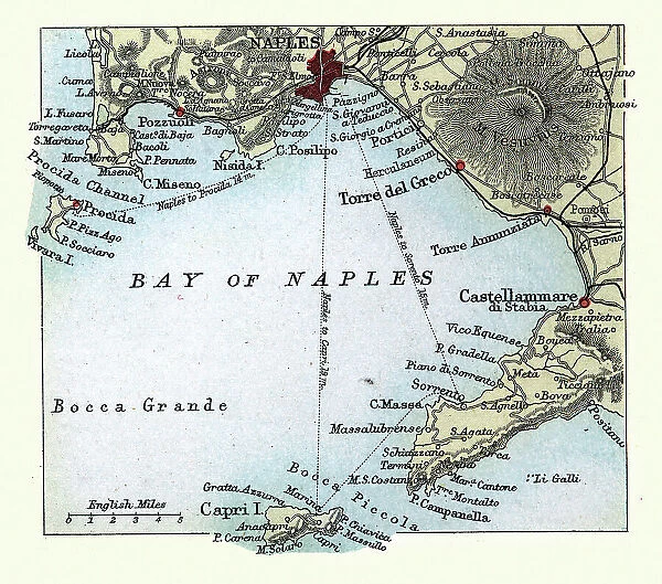 Antique map of Bay of Naples, Italy, Mount Vesuvius, Capri, 19th Century
