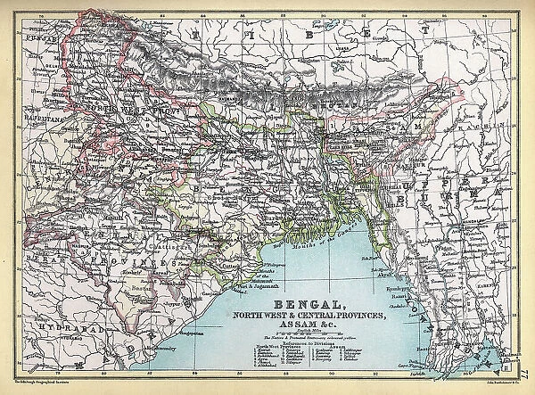 Antique map of Bengal, North West and Central Provinces, Assam, India, 1890s, Victorian 19th Century