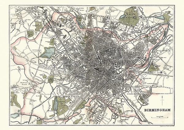 Antique Map of Birmingham, England, 1880