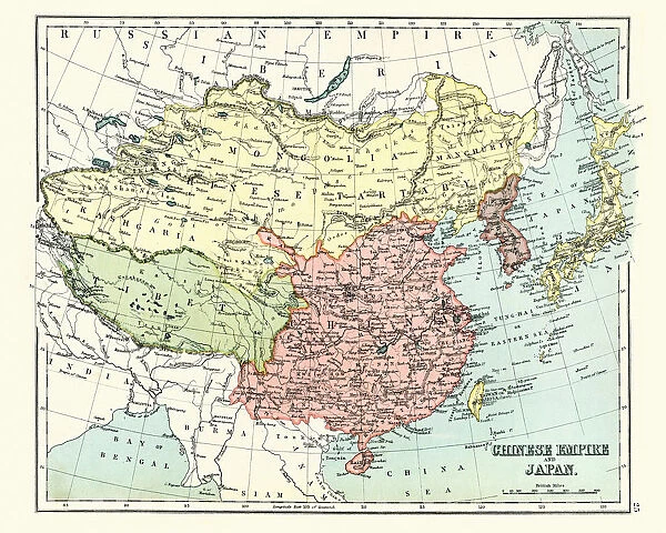 Antique map of Chinese Empire, Japan, 1897, late 19th Century