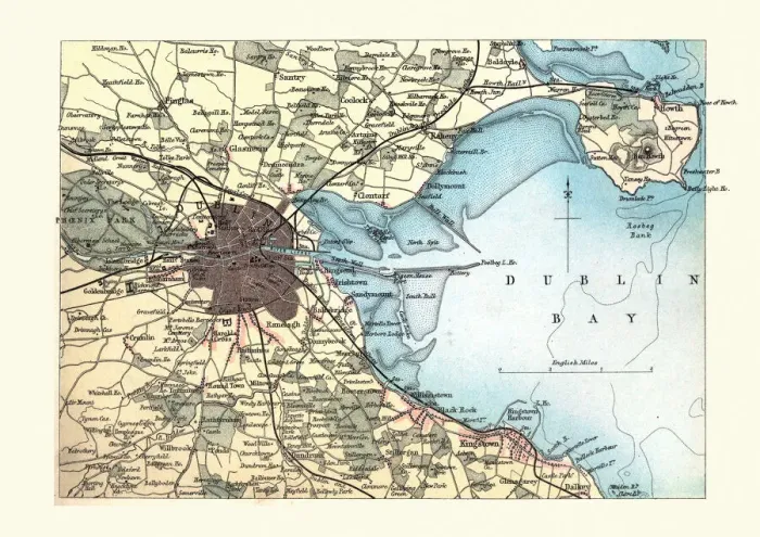 Framed Print : Antique Map of Dublin, Ireland, 1890s, 19th Century