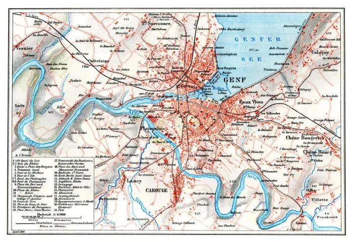 Framed Print : Antique map of Geneva Switzerland 1896