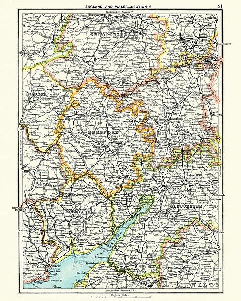Antique map, Hereford, Worester, Monmouth, Gloucester, Shropshire, 19th Century