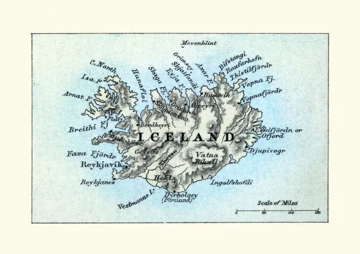 Framed Print : Antique Map of Iceland, 1890s, 19th Century Framed Print : Antique Map of Iceland, 1890s, 19th Century