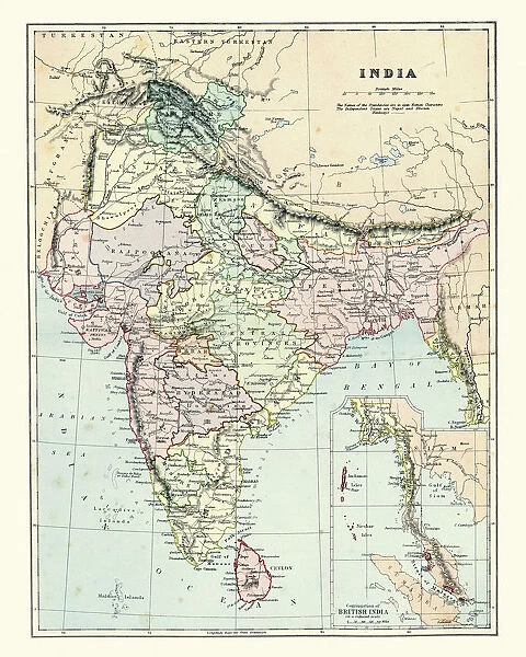 Antique map of India, 1880s, 19th Century
