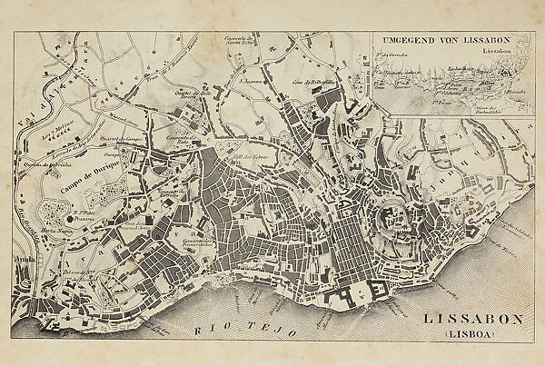 Antique map of Lisbon Portugal illustration 1851