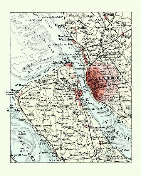 Antique map, Liverpool and Birkenhead, England, 19th Century