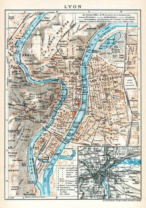 Framed Print : Antique map of Lyon France 1896 Framed Print : Antique map of Lyon France 1896