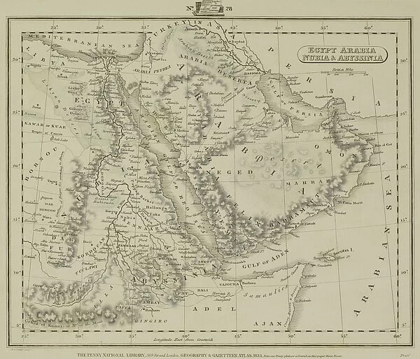 Antique map of Middle East with Arabia, Egypt, Nubia, and Abyssinia