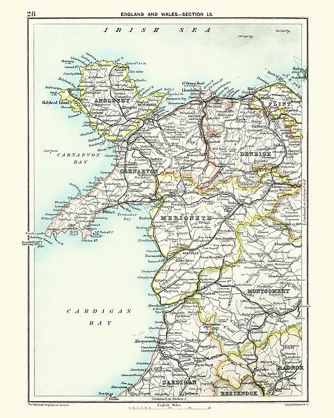 Antique map, North Wales, Anglesey, Carnarvon, 19th Century