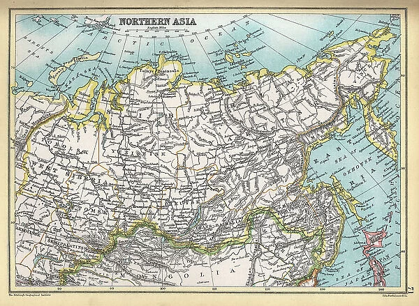 Antique map of Northern Asia, Siberia, 1890s 19th Century
