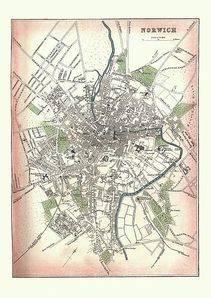 Antique Map of Norwich, England, 1880