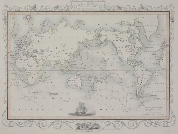 Framed Print : Antique map of old world depicting voyages of Captain Cook Framed Print : Antique map of old world depicting voyages of Captain Cook