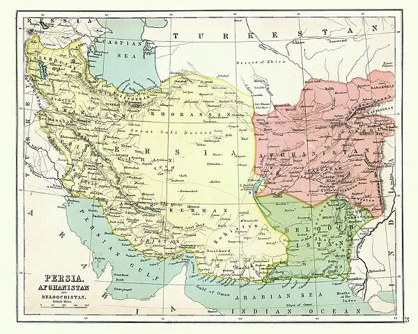 Antique map of Persia, Afghanistan, Beloochistan, 1897, late 19th Century