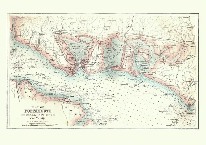 Framed Print : Antique Map of Portsmouth, Portsea and Spithead, England, 1880 Framed Print : Antique Map of Portsmouth, Portsea and Spithead, England, 1880