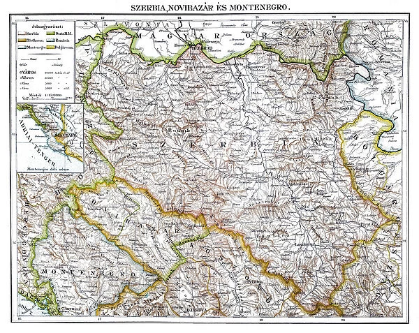 Antique map of Serbia, Novi Pazar and Montenegro