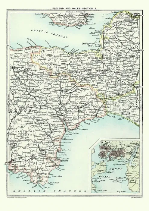 Framed Print : Antique Map of South West England, Somerset, Devon, 1891 Framed Print : Antique Map of South West England, Somerset, Devon, 1891