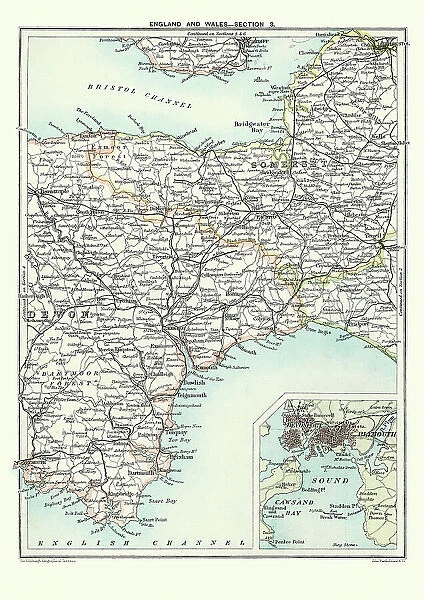 Antique Map of South West England, Somerset, Devon, 1891
