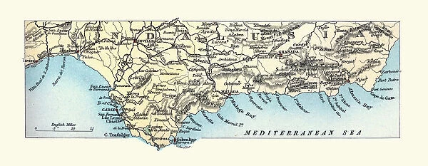 Antique map of Southern coast of Andalusia, Spain in 1890s, Victorian 19th Century
