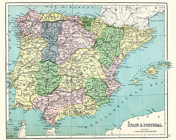 Antique map of Spain and Portugal, 1897, late 19th Century