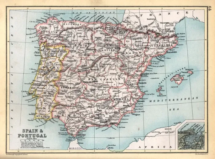 Framed Print : Antique map of Spain and Portugal with detail of Santander, Victorian 19th Century Framed Print : Antique map of Spain and Portugal with detail of Santander, Victorian 19th Century