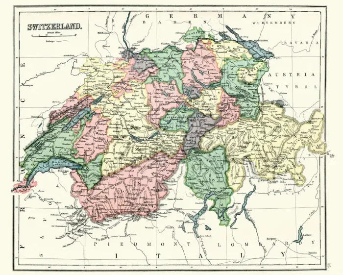 Framed Print : Antique map of Switzerland, 1897, late 19th Century Framed Print : Antique map of Switzerland, 1897, late 19th Century