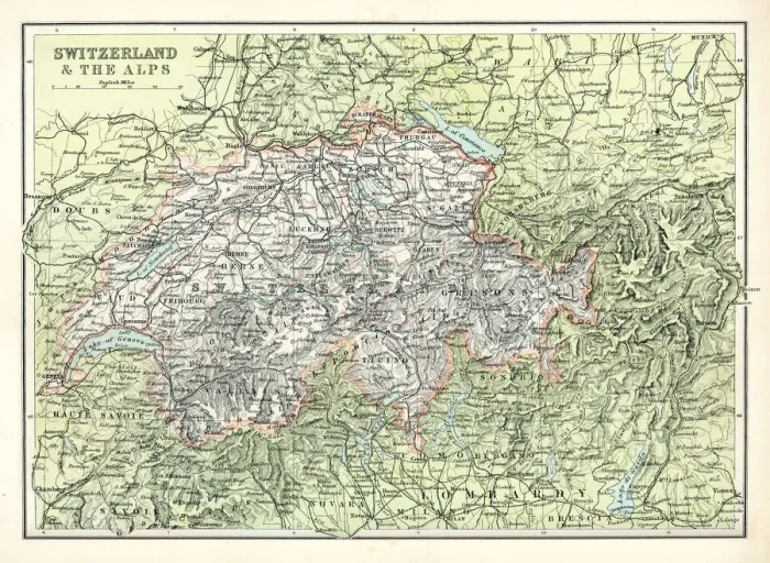 Framed Print : Antique map of Switzerland and the Alps Framed Print : Antique map of Switzerland and the Alps