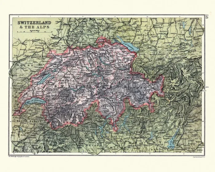 Framed Print : Antique Map of Switzerland and the Alps, 19th Century Framed Print : Antique Map of Switzerland and the Alps, 19th Century