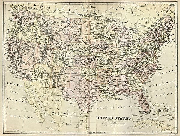 Antique map of United States of America, 1884, 19th Century