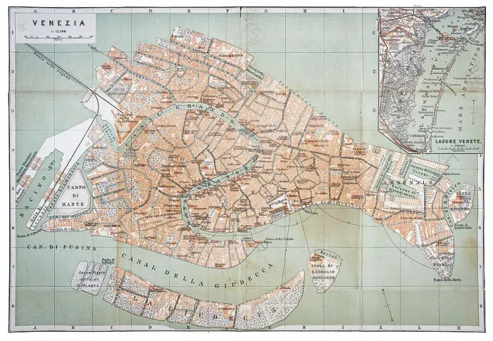 Framed Print : Antique map of Venice, Italy 1886 Framed Print : Antique map of Venice, Italy 1886