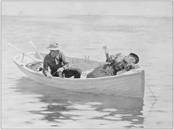 Antique photo of paintings: Couple on boat