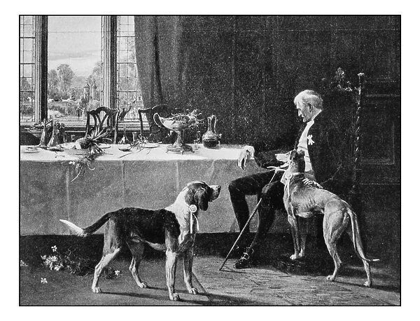 Antique photo of paintings: Man with dogs